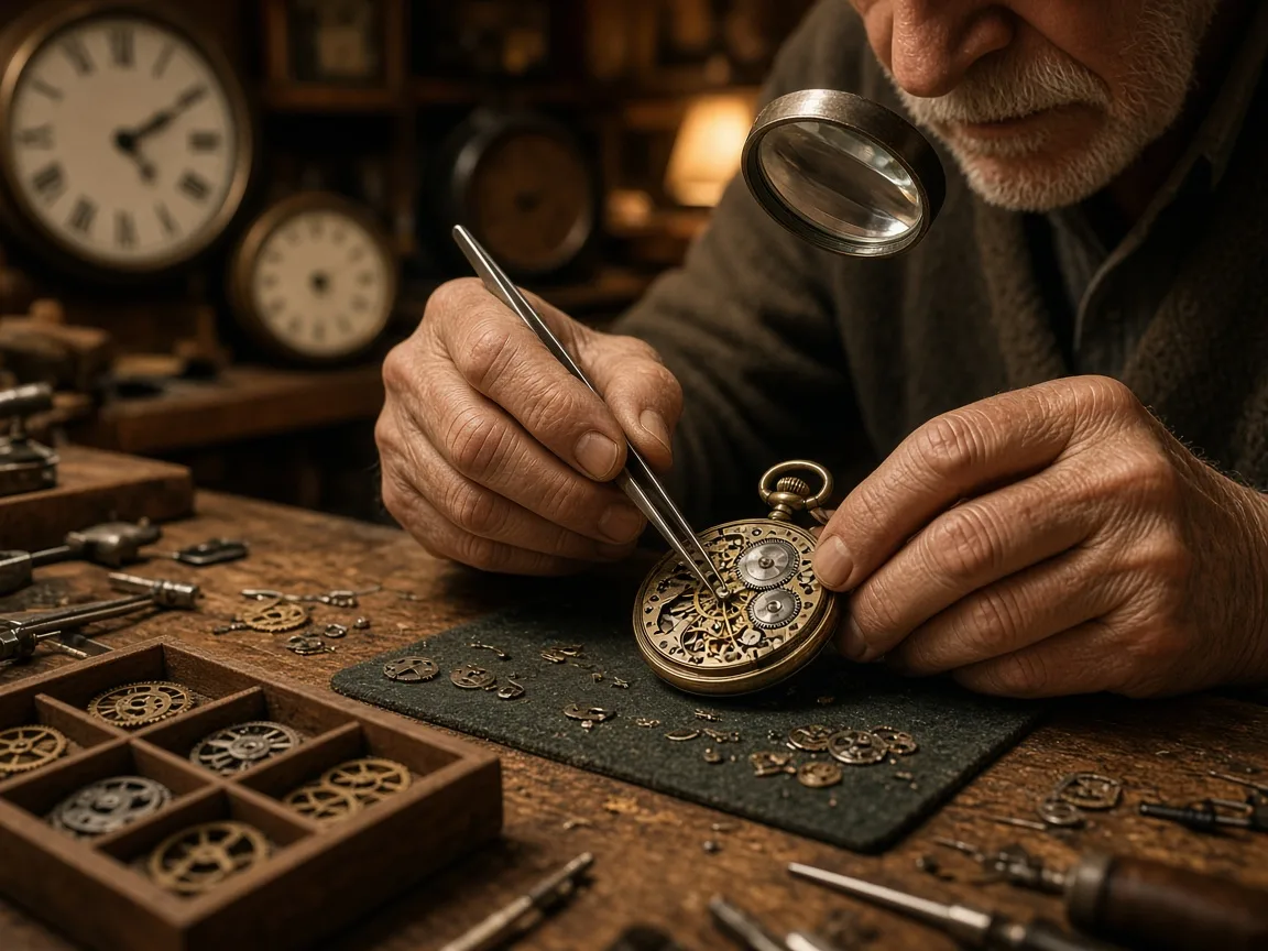 Zegarmistrz przy pracy nad mechanizmem