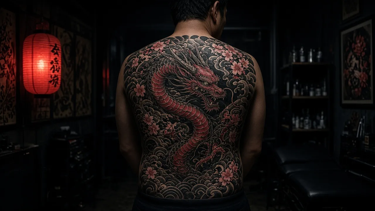 Pełne plecy z tatuażem smoka w stylu irezumi