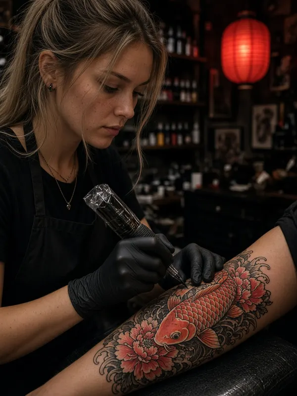 Maja Sakura tatuuje karpia koi z piwoniami