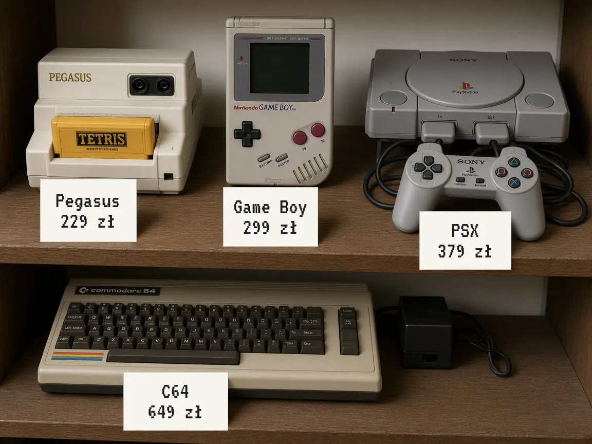 Półka z odnowionymi konsolami: Pegasus, Game Boy, PlayStation 1, Commodore 64