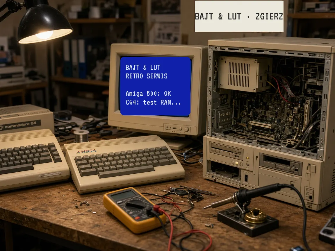 Warsztat serwisu: Amiga 500, Commodore 64, rozkręcony PC i monitor CRT na stole
